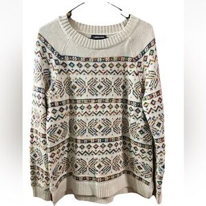 Lands End Fair Isle Sweater Womens M 10-12 White Multicolor Crewneck Rainbow